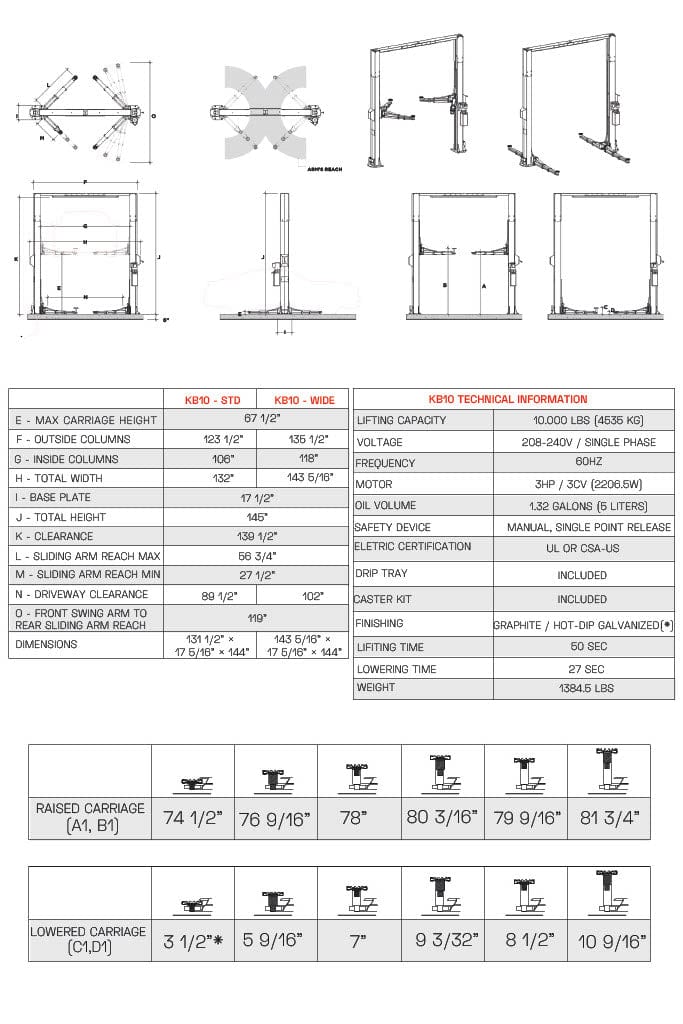 KREBS KB10/H 2-Post 10,000lb Automotive Lift 11800005 Black