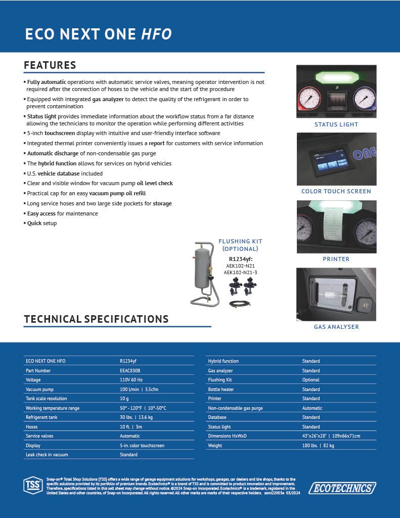 EcoTechnics ECO NEXT ONE HFO EEAC830B | Automatic R-1234yf A/C Service Station