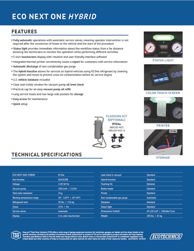 EcoTechnics ECO NEXT ONE HYBRID EEAC820B | Automatic R-134a A/C Service Station
