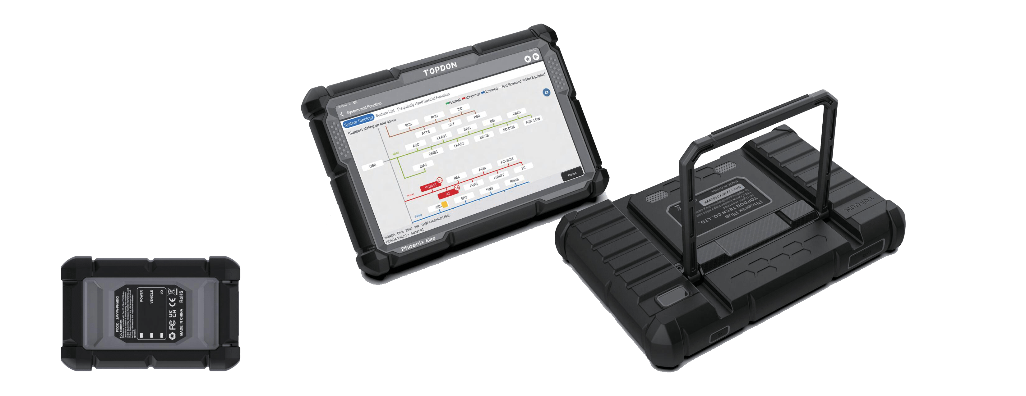 TOPDON PHOENIX ELITE DIAGNOSTIC SCAN TOOL FRONT, REAR, VCI