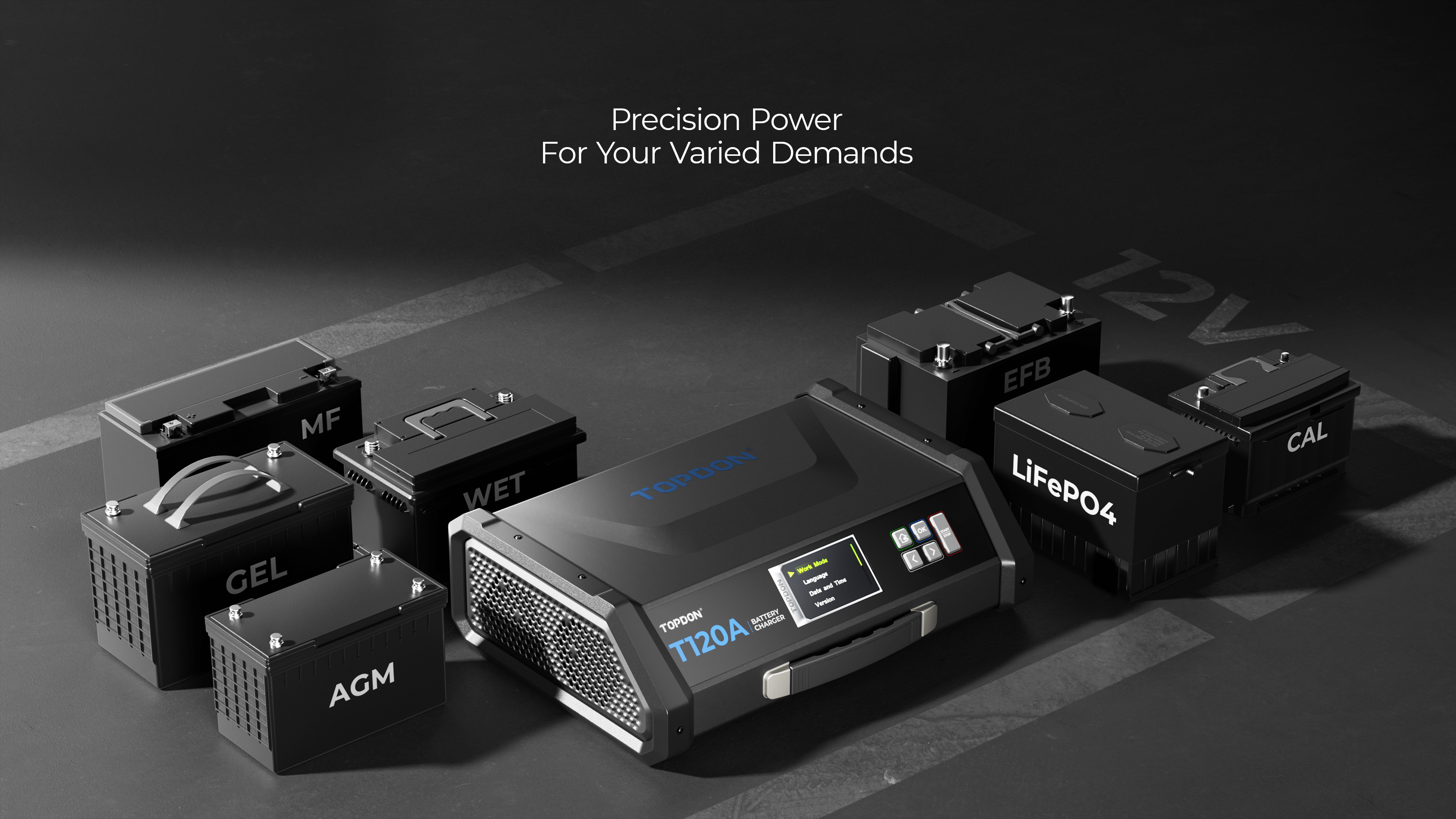 Collection of power batteries with visible brand names on a dark background