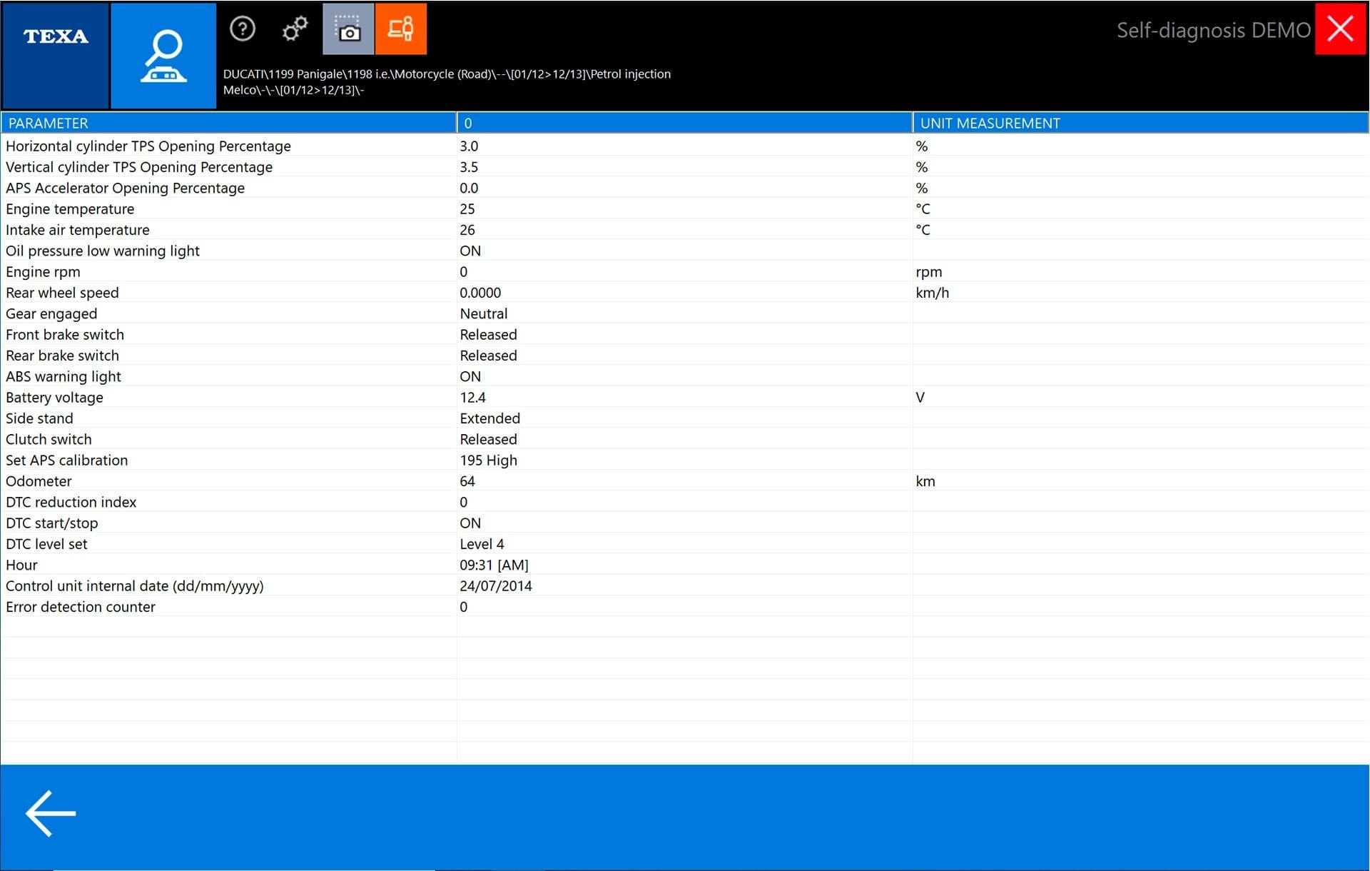 TEXCA CAR SOFTWARE PARAMETERS SCREEN SHOT