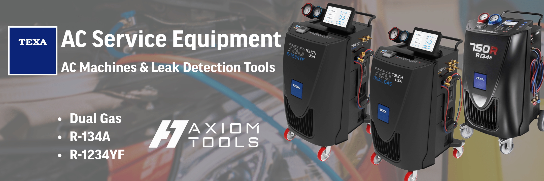 TEXA AC service equipment with 
Axiom Tools branding on a blurred background