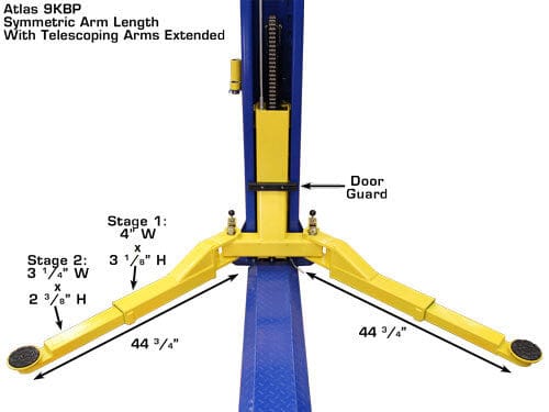 Symmetric lifting arms and rubber pads on Atlas 9KBPX 2-post auto lift