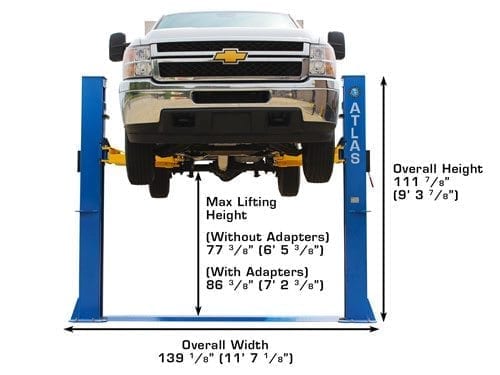 Pickup truck raised on an Atlas BP10000X two-post vehicle lift