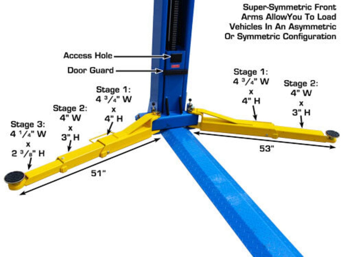 Super-symmetric lifting arms on the Atlas BP10000X two-post lift