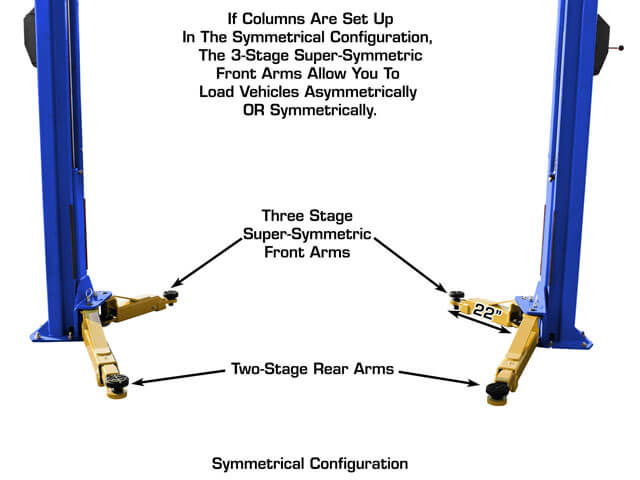 Three-stage front lifting arms on the Atlas PVL10 two-post lift