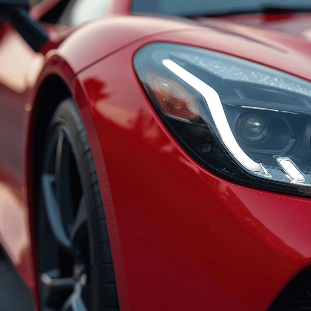 Close-up of a red car's headlight