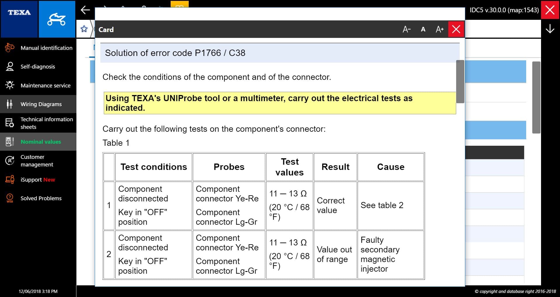 TEXA BIKE P1766 / C38 TEST PROCEDURE SCREENSHOT