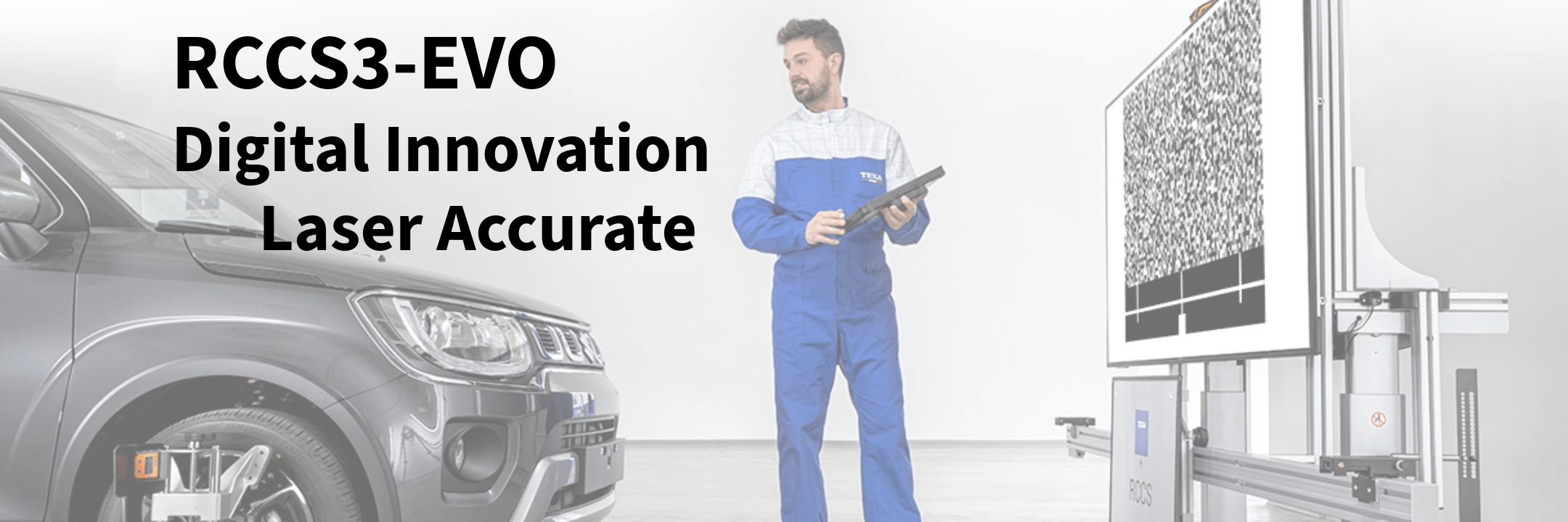 Person in blue overalls using a tablet next to a vehicle with text about RCCS3-EVO digital innovation.