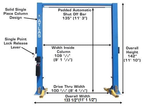 Atlas 9OHSC Overhead 9,000 lb. Capacity 2-Post Lift ATEATTD-9OHSC-SS-FPD