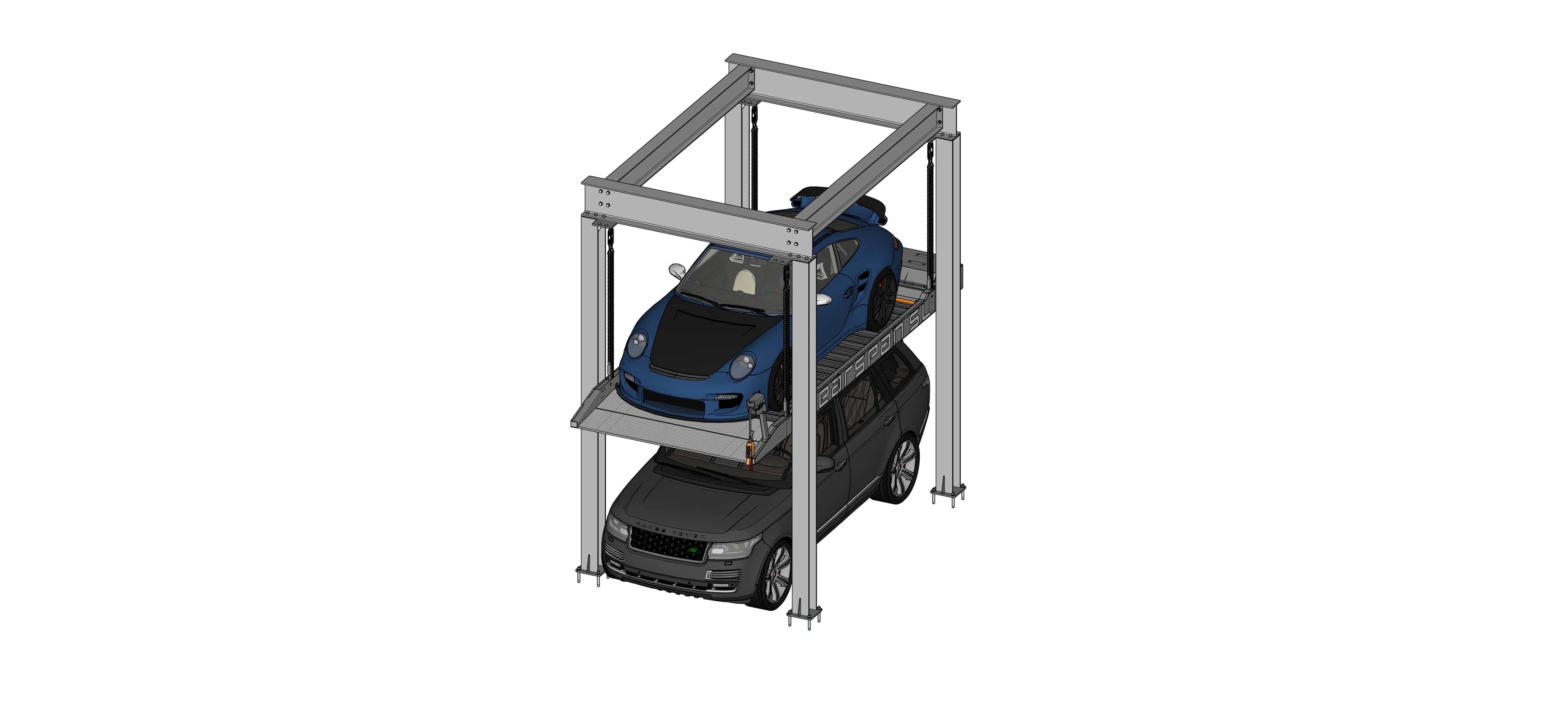 Two cars inside a parking storage lift