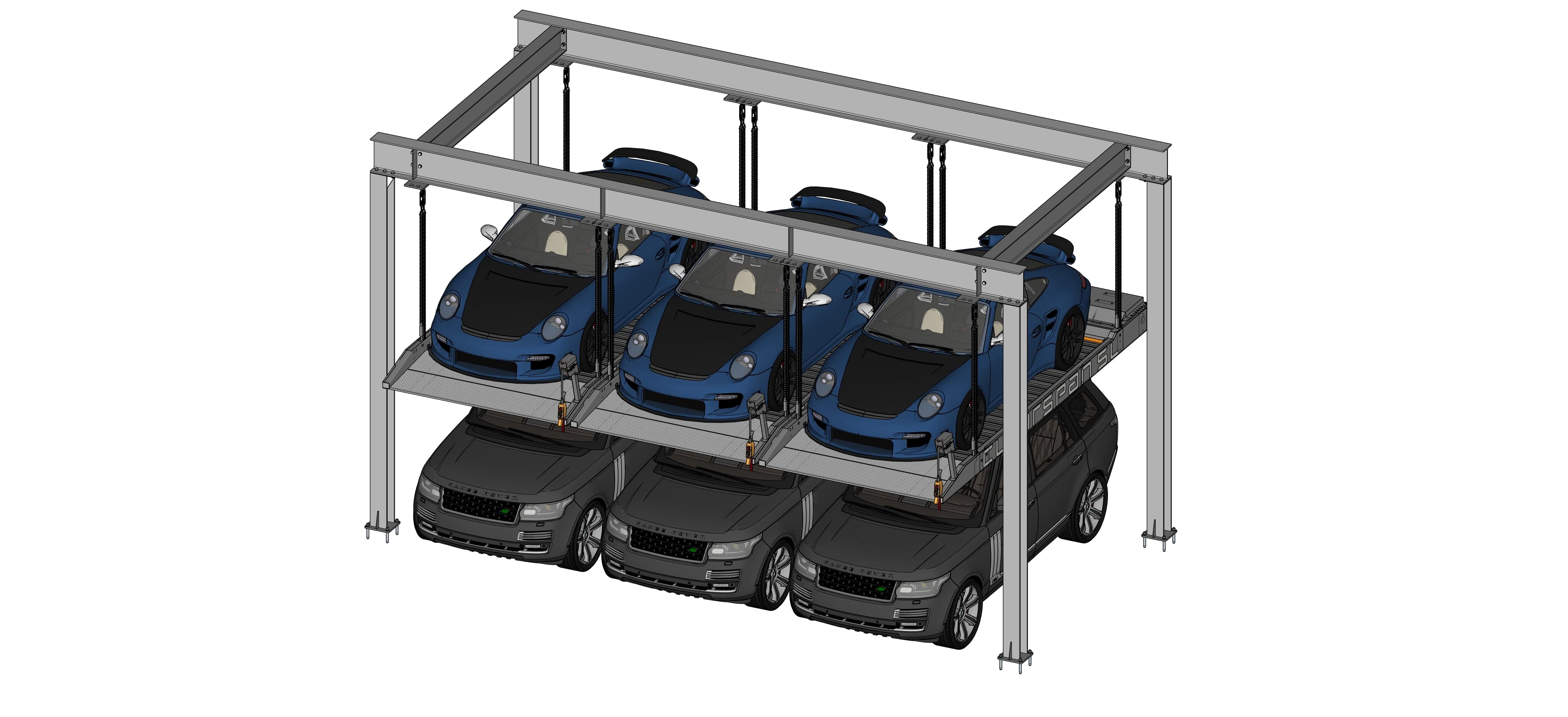 Car parking system with multiple cars inside on a white background