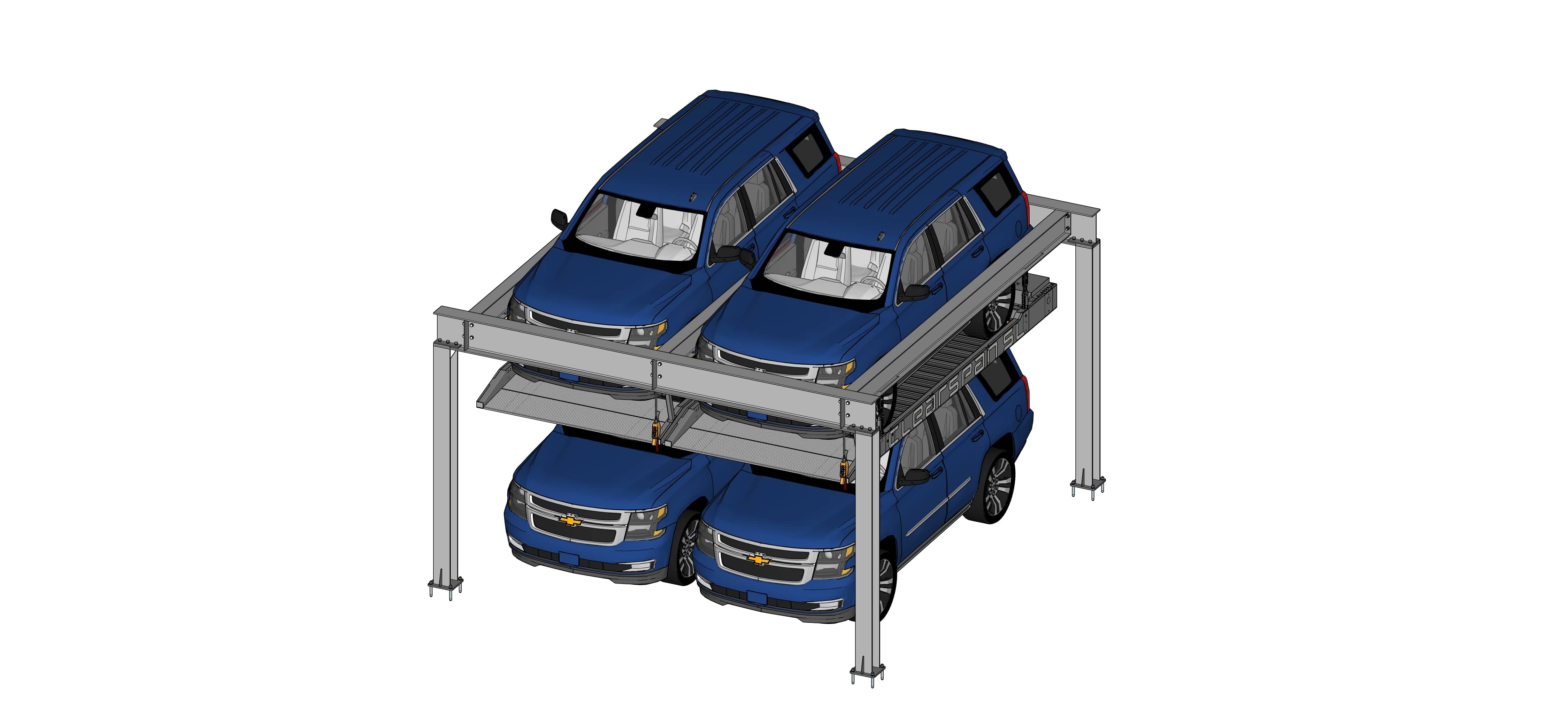 Blue SUVs on a car lift against a white background