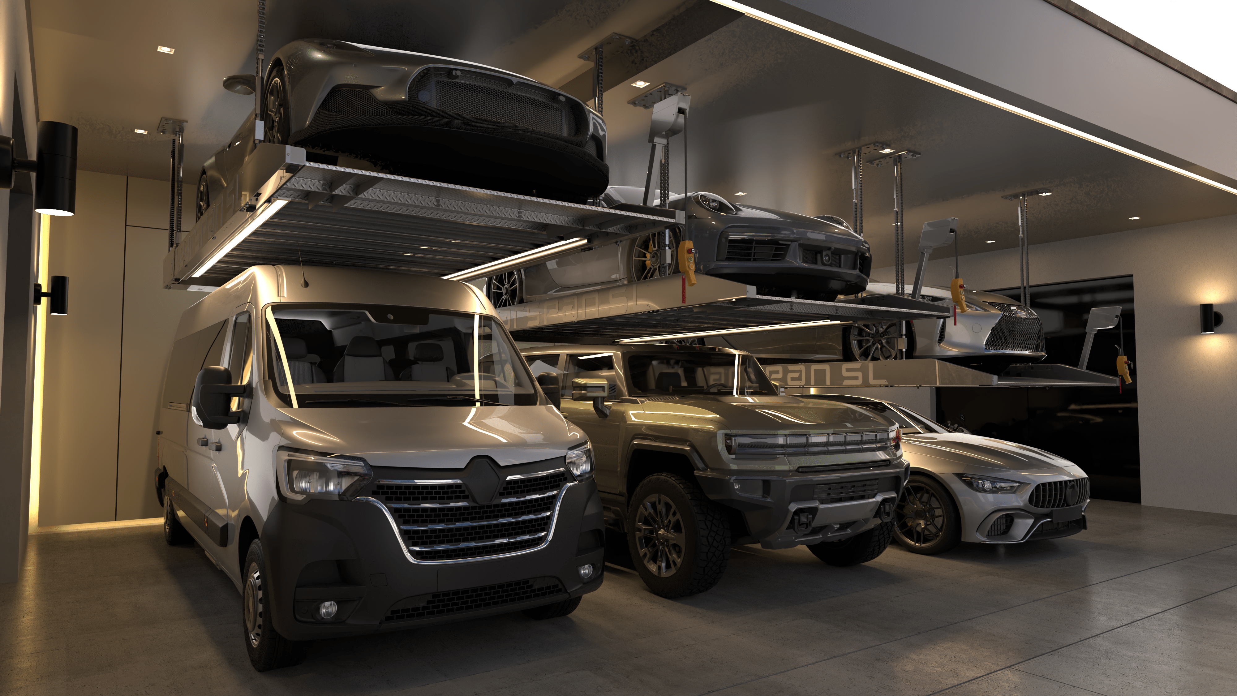 Modern car showroom with various vehicles including a white van, SUV, and cars.