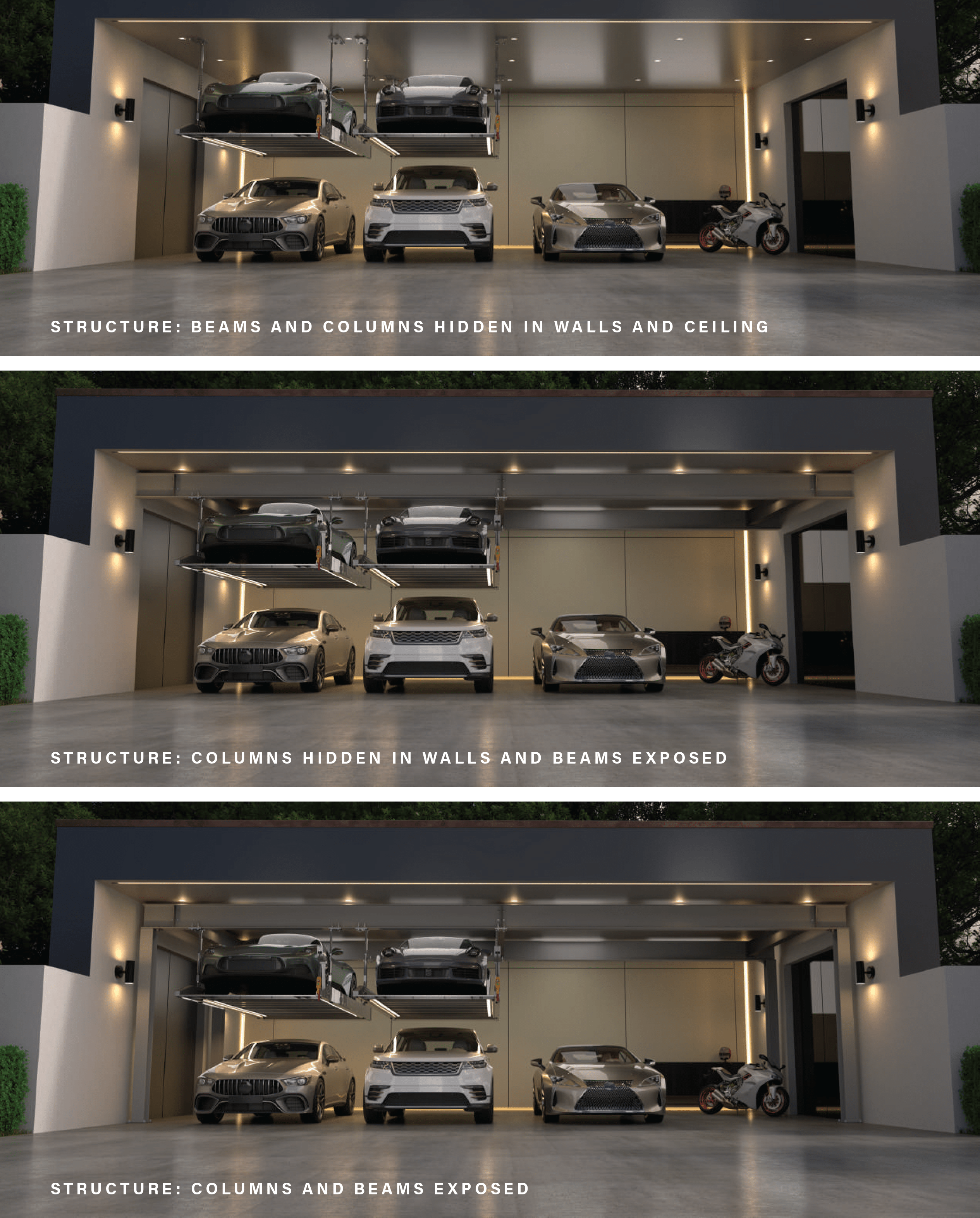 Three different garage designs with varying structural elements showcasing clearspan sl lifts 