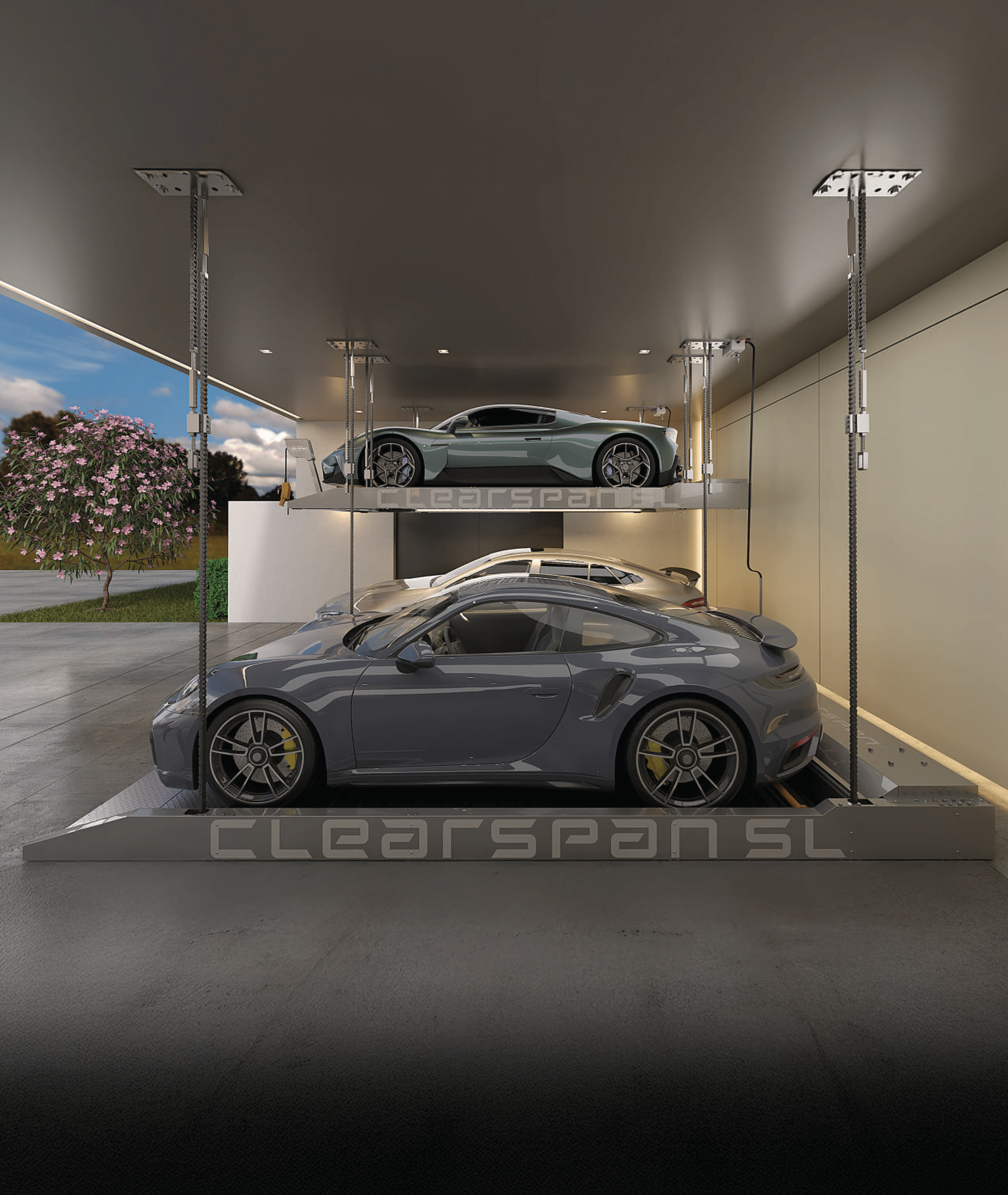 Modern car garage with a clearspan SL lift structure, featuring two cars on  the lifts.