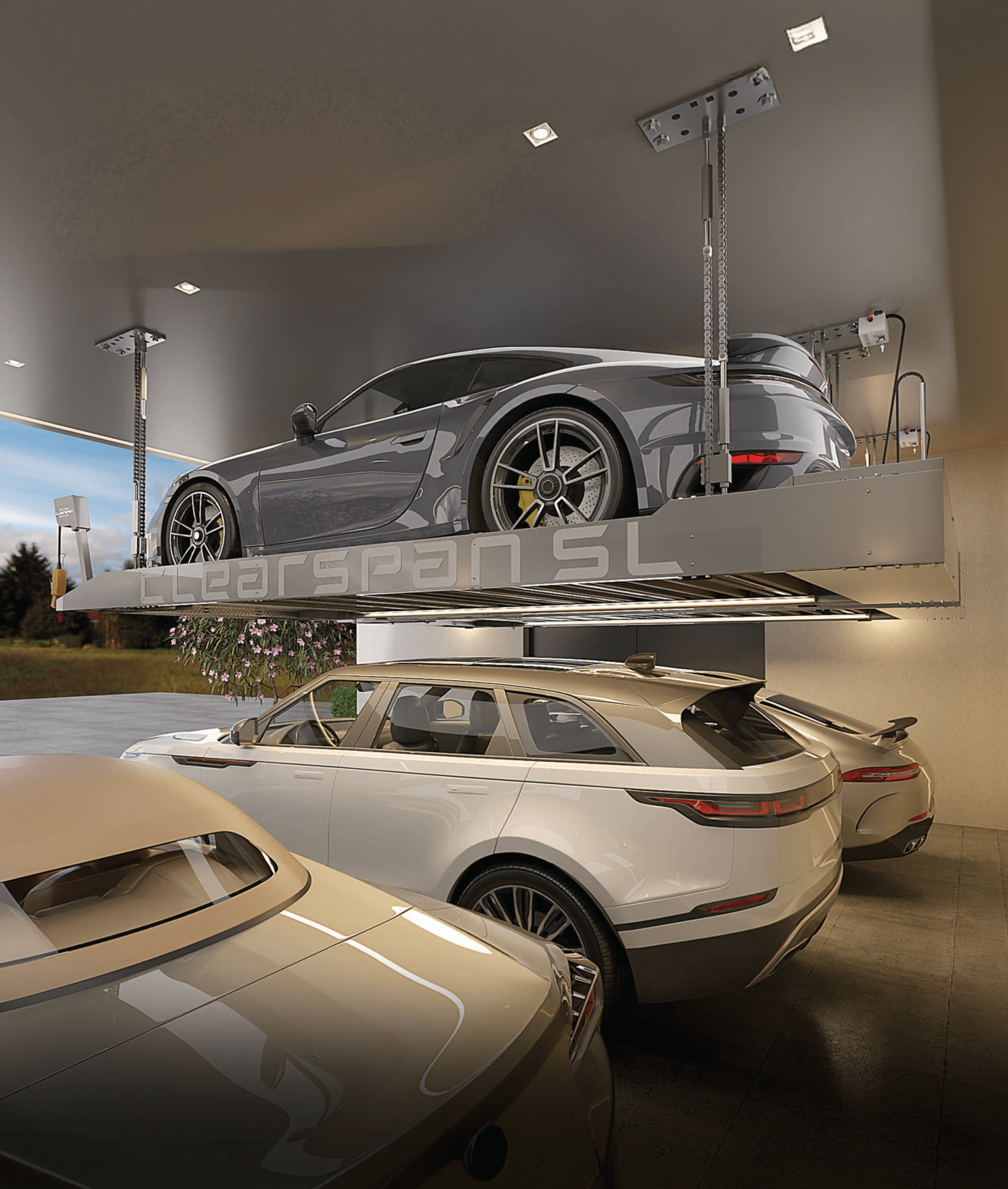 Clearspan vehicle storage lift with sportscar on it