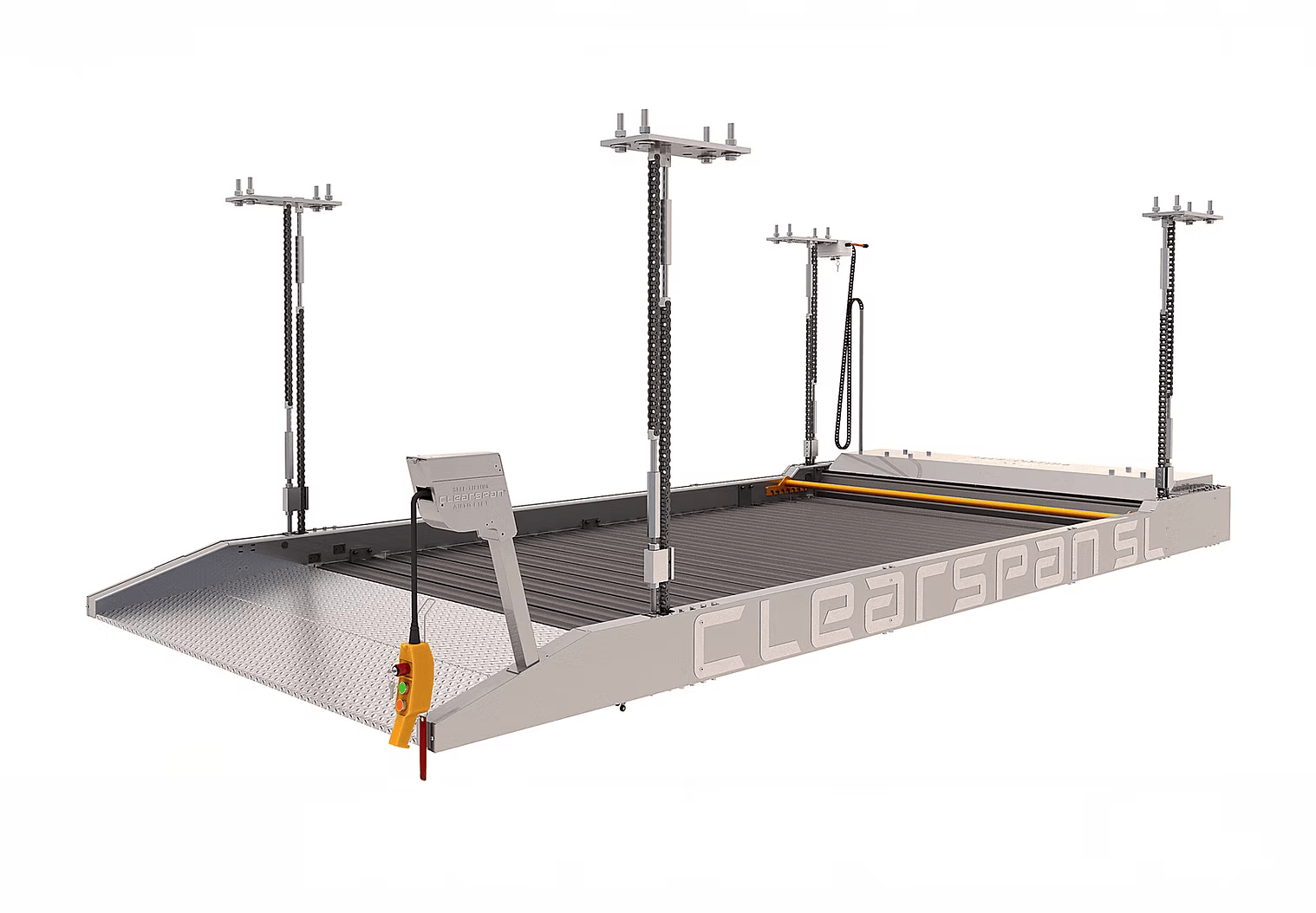 Car lift with 'ClearSpan' branding on a white background