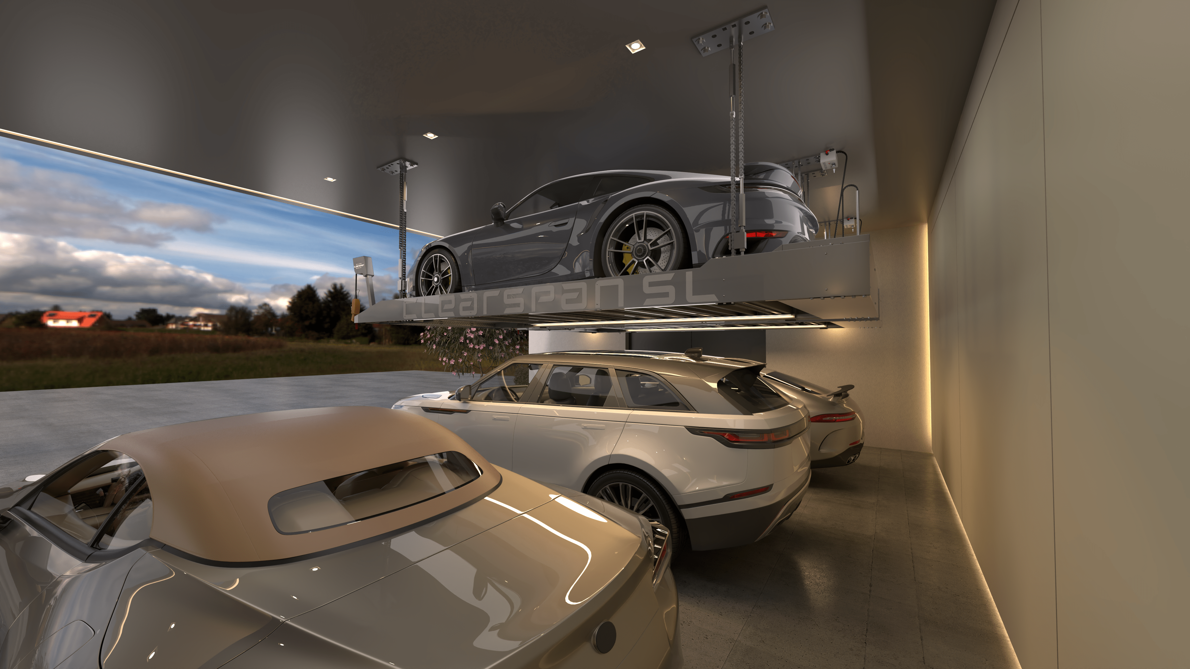 vehicle storage lifts with sports cars in garage