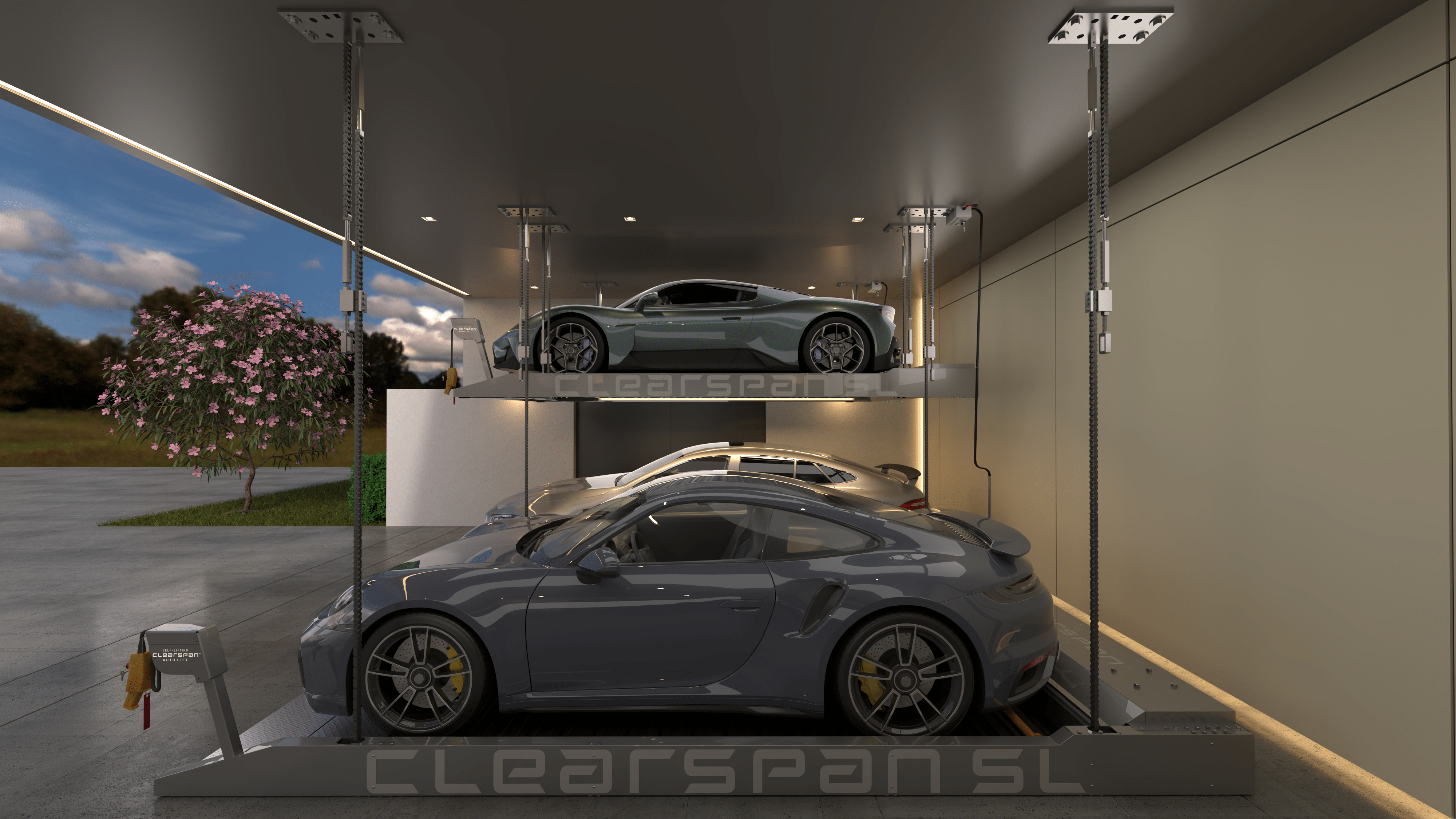 Modern car showroom with a gray sports car on display.