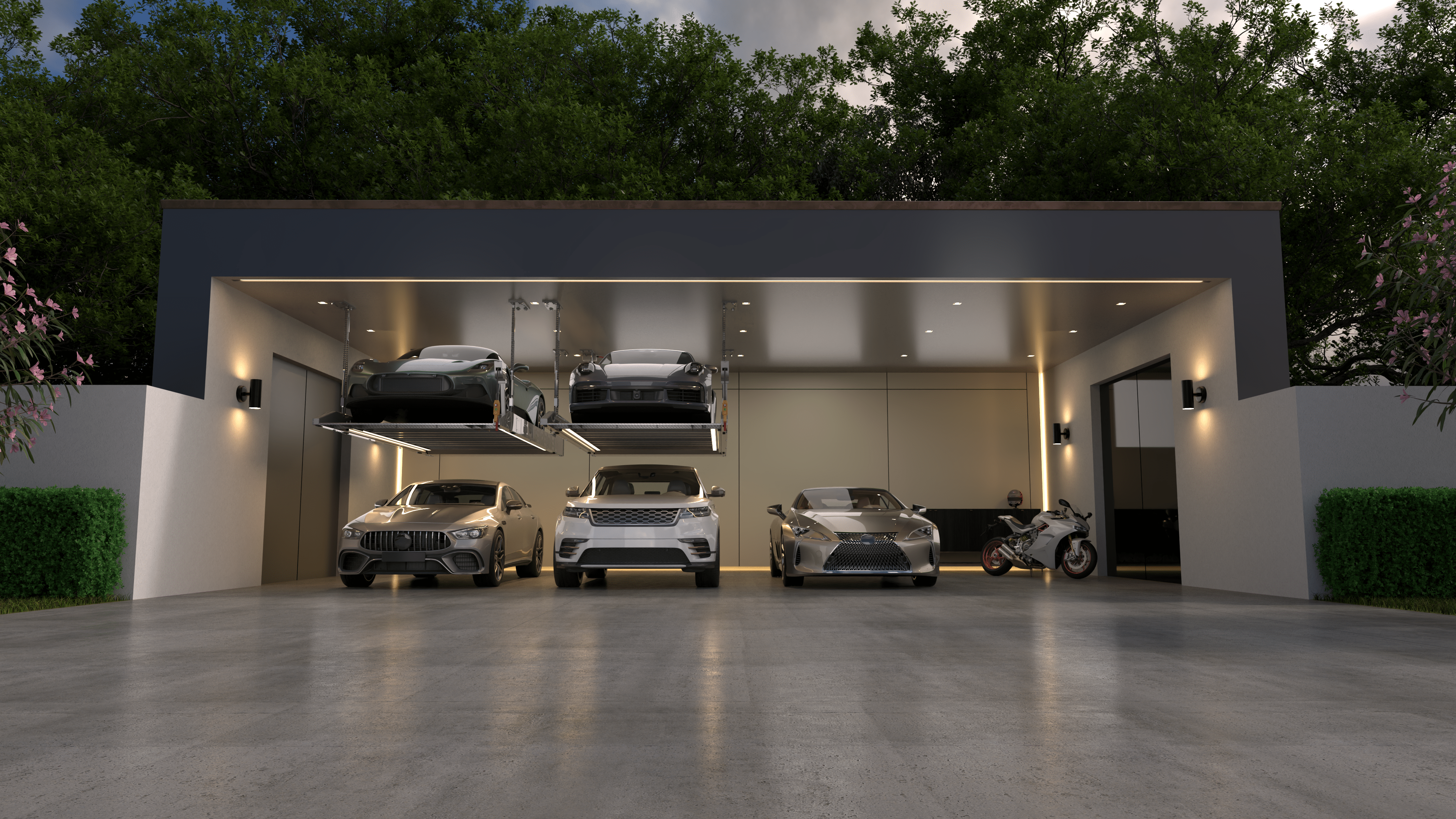Modern garage with multiple cars and a motorcycle inside 