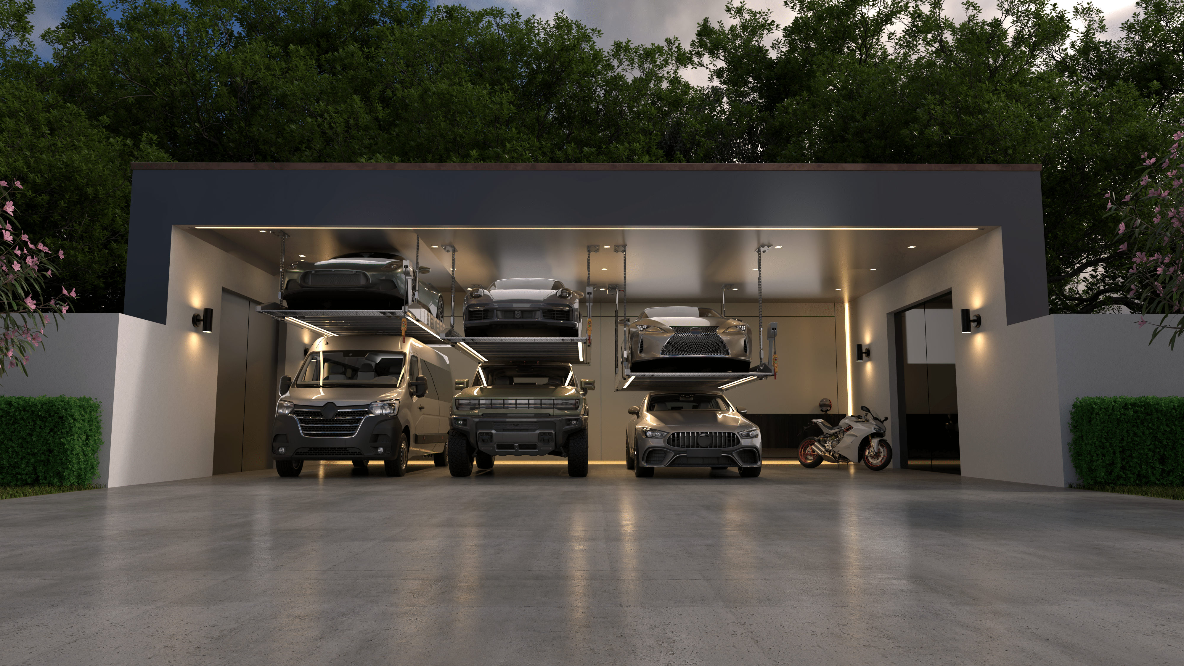 Modern garage with multiple cars  on vehicle lifts and a motorcycle inside