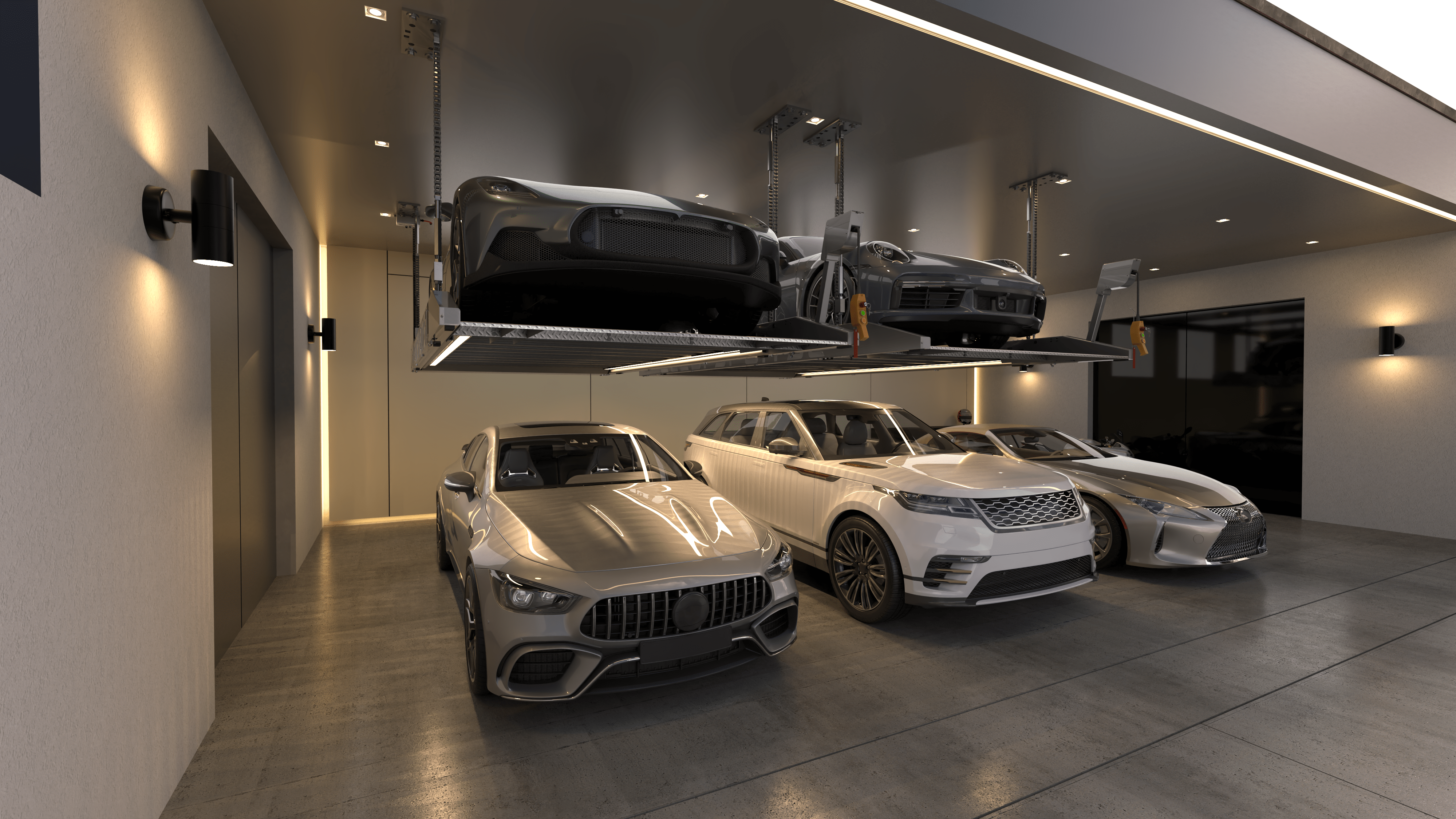 Modern car showroom utilizing vehicle parking lifts with luxury cars on display 