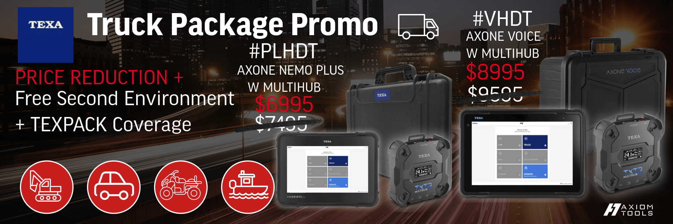 Advertisement for Axiom Tools for a TEXA truck package promotion with pricing and product images.