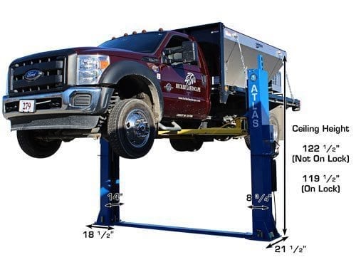 Work truck positioned on the Atlas BP12000X 12,000 lb. vehicle lift