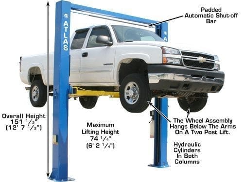Pickup truck raised on an Atlas OHX10000X 10,000 lb. two-post lift