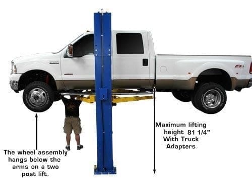 Pickup truck raised on an Atlas PV10PX two-post vehicle lift