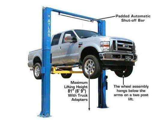 Pickup truck raised on Atlas PV12PX 12,000 lb. two-post automotive lift