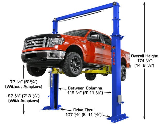 Front view of Atlas PVL15 commercial 15,000 lb. two-post lift