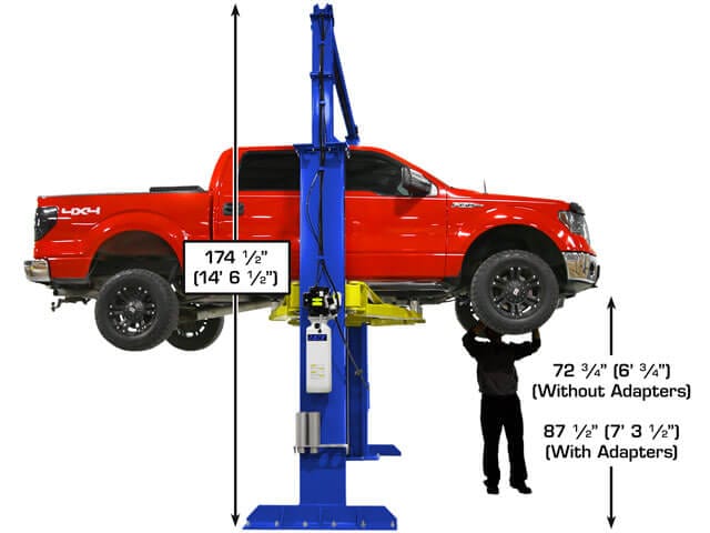 Long-wheelbase truck raised on an Atlas PVL15 two-post lift