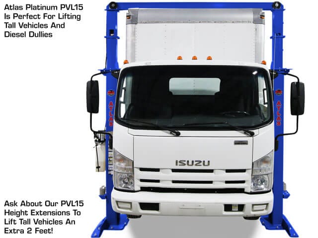 Service truck positioned on Atlas PVL15 heavy-duty vehicle lift