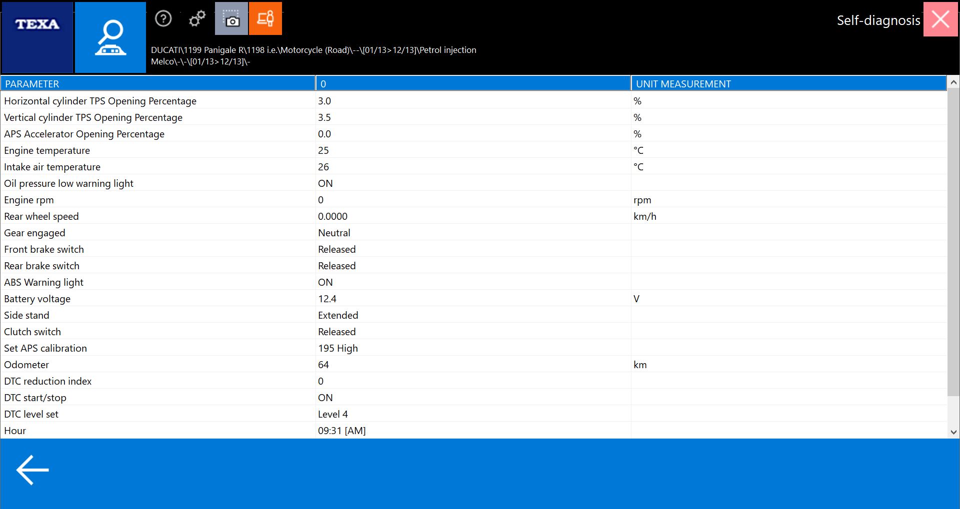 TEXA BIKE FREEZEFRAME DATA SCREENSHOT 