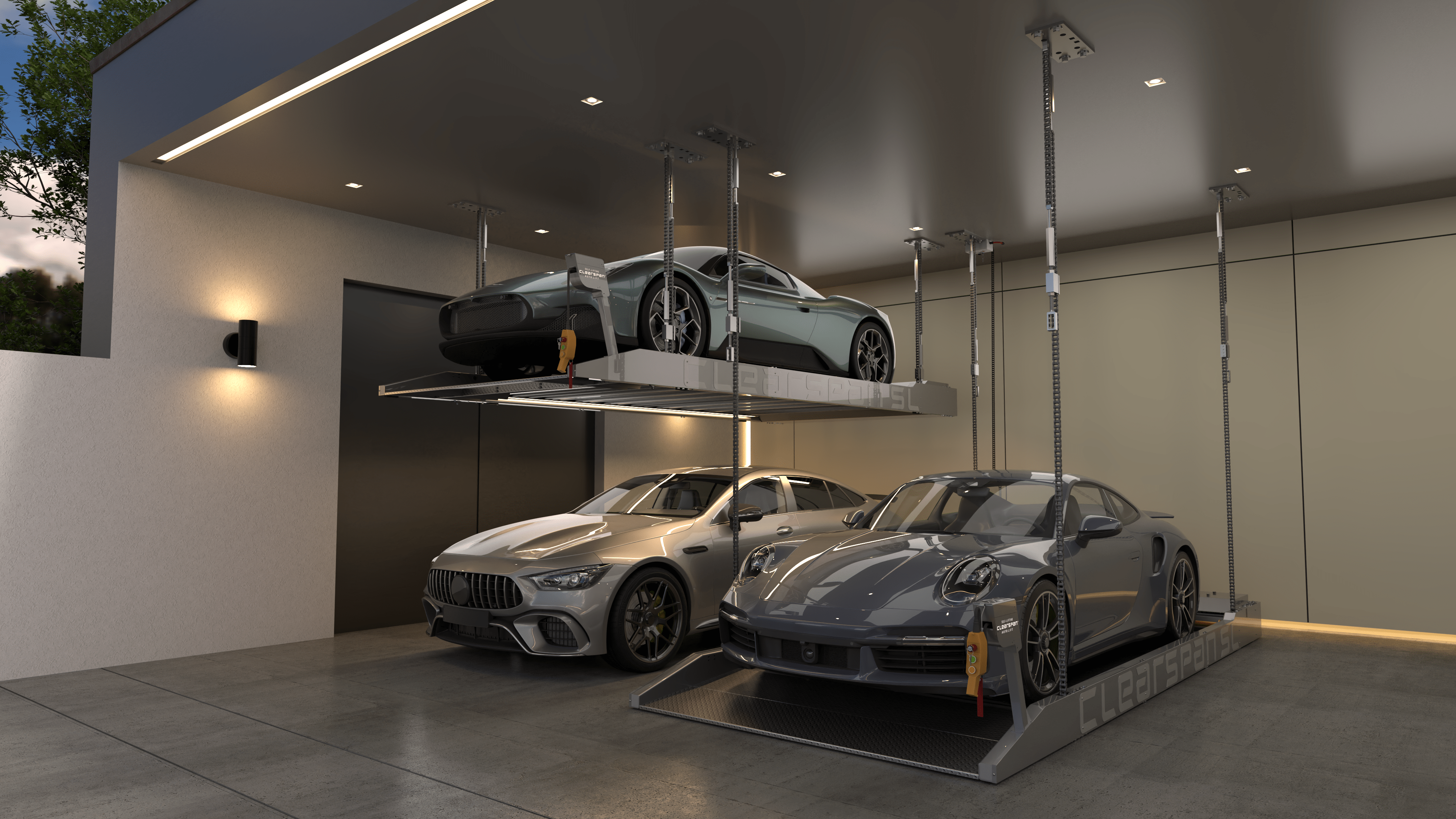 Automated car lift system with multiple cars in a modern garage.