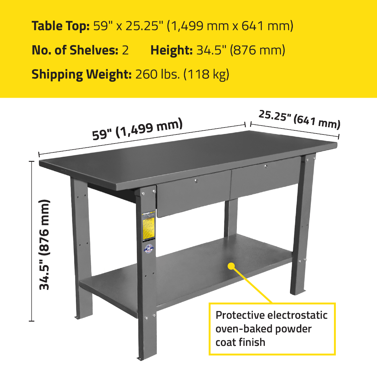 Ranger RWB-2D Heavy-Duty Work Bench / 2-Drawer, 1-Shelf 5145330