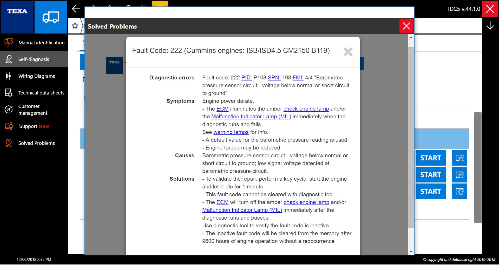 TEXA TRUCK SCREENSHOT FAULT CODE 222 CUMMINS ISB